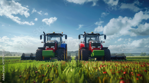 Modern farm tractors side by side in a colorful flower field, showcasing precision agriculture and farming technology
 photo