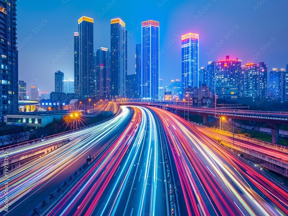 the energy of a nighttime city using a slow shutter speed, showing the light trails of car traffic on a busy highway contrasting with the static cityscape in the background 