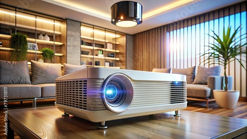 Projector on a wooden table in the living room.