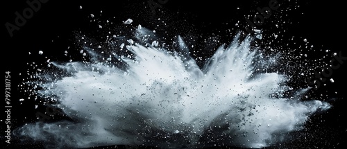 white powder explosion isolated on black background