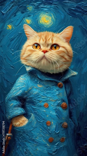 Chubby cat costuming wearing vincent van gogh surrealism wallpaper animal portrait mammal.