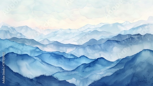 vintage watercolor painting landscape of mountains and valleys with misty atmosphere