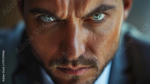 Powerful Gaze, A close-up shot of the successful businessman looking directly into the camera with a powerful gaze