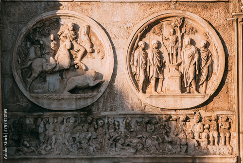 Rome, Italy. Details Of Arch Of Constantine. Bas-relief On Facade Of Triumphal Arch.