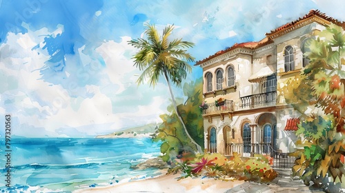 vintage watercolor painting of old villa with beautiful beach view © fledermausstudio