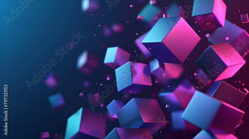 A colorful blocks gradient,Abstract blue purple digital data background 3d render polygon ,Abstract techno purple geometric technology background ,3D render of reflective glass cubes in blue and pink  photo