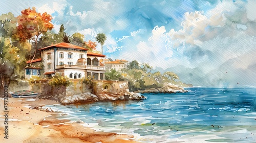 vintage watercolor painting of old villa with beautiful beach view
