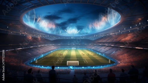 A dynamic sports stadium brought to life with 3D rendering, showcasing cheering crowds, illuminated scoreboards, and players in action under the glare of stadium lights. photo