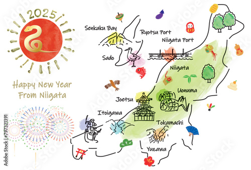 新潟県の観光地のイラストマップ年賀状2025年
