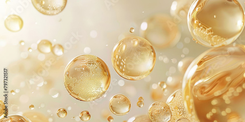 Golden yellow abstract oil bubbles or face serum background. Oil and water bubbles .golden yellow Bubbles oil or collagen serum for cosmetic product, banner poster