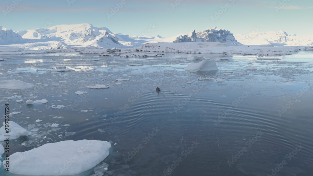 Zodiac Boat Sail Glacier Tracking Aerial View. Seagull Fly Above Expedition Rubber Transport Explore Extreme Winter Cold Antarctic Wildlife Water. South Pole Seascape Drone Zodiac Boat Sail Glacier Tracking Aerial View. Seagull Fly Above Expedition Rubber Transport Explore Extreme Winter Cold Antarctic Wildlife Water. South Pole Seascape Drone