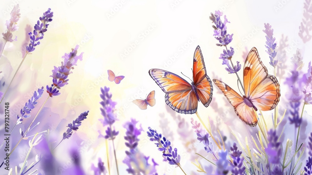 vintage watercolor painting close up of lavender garden with butterflies