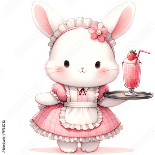 Rabbit wearing a maid outfit holding Smoothies sergeant watercolor