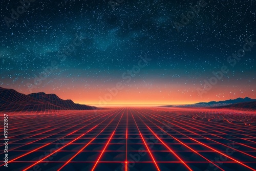 A neon grid landscape under a starry night sky stretches to a horizon aglow with warmth.