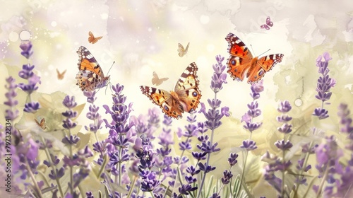 vintage watercolor painting close up of lavender garden with butterflies