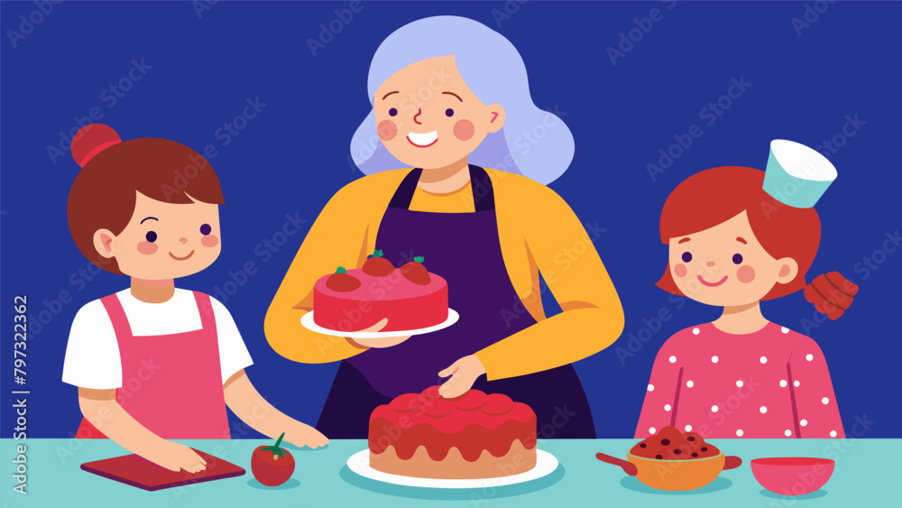 A proud grandmother sharing her secret recipe for red velvet cake passed down through generations.. Vector illustration A proud grandmother sharing her secret recipe for red velvet cake passed down through generations.. Vector illustration