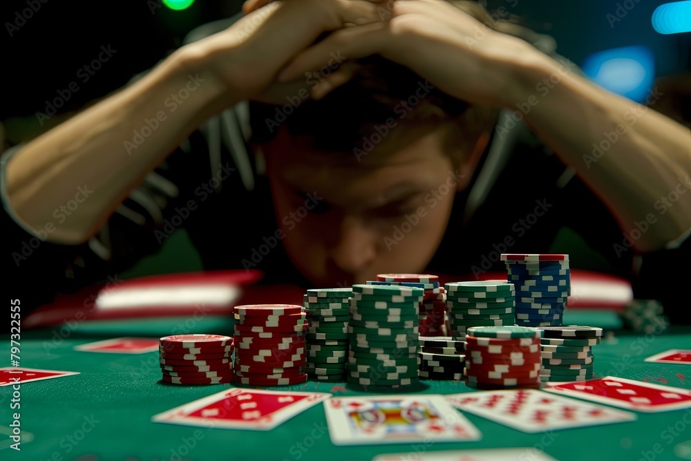 A man is seated at a table with an assortment of playing cards spread out in front of him, appearing deep in thought or possibly defeated. Generative AI A man is seated at a table with an assortment of playing cards spread out in front of him, appearing deep in thought or possibly defeated. Generative AI
