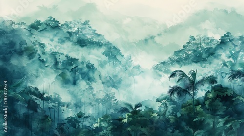 vintage watercolor painting of dense tropical forest with misty atmosphere