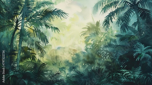 vintage watercolor painting of dense tropical forest with misty atmosphere