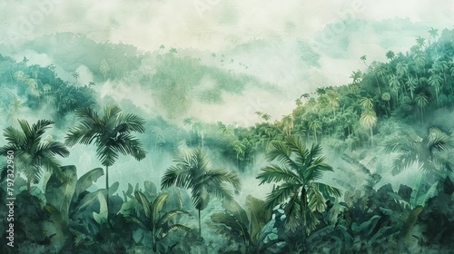 vintage watercolor painting of dense tropical forest with misty atmosphere