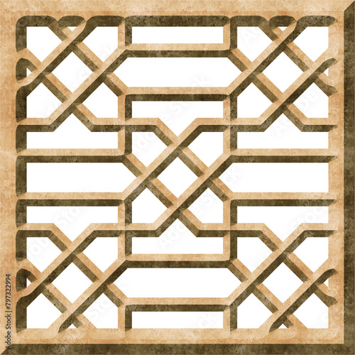 Traditional quatrefoil lattice 3d pattern. Islamic window, grille panel. Ornament in geometric arabian style. Mashrabiya in square frame, metal casting. Isolated background. Illustration