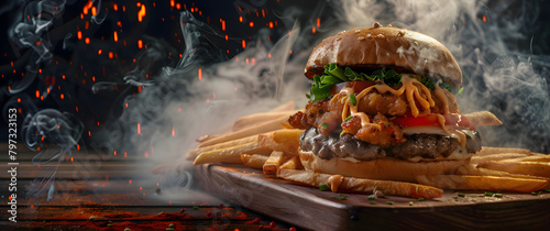 Chicken burger and fries on wooden board with smoke and fire, against black backdrop. Studio-lit food advertisement.