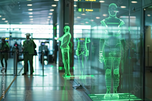 Glass display in an airport showcasing a mannequin. Security personnel using a terahertz scanner can be seen in the background. Generative AI photo