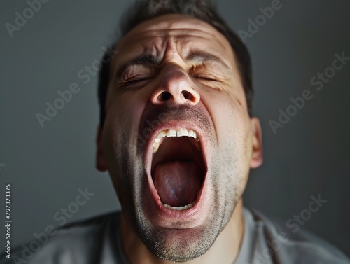 Exhausted Yawning Man Experiencing Strong Negative Emotions of Fatigue and
