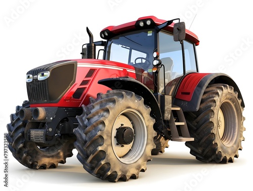 Red Powerful Agricultural Tractor on White Background for Farming and Cultivation