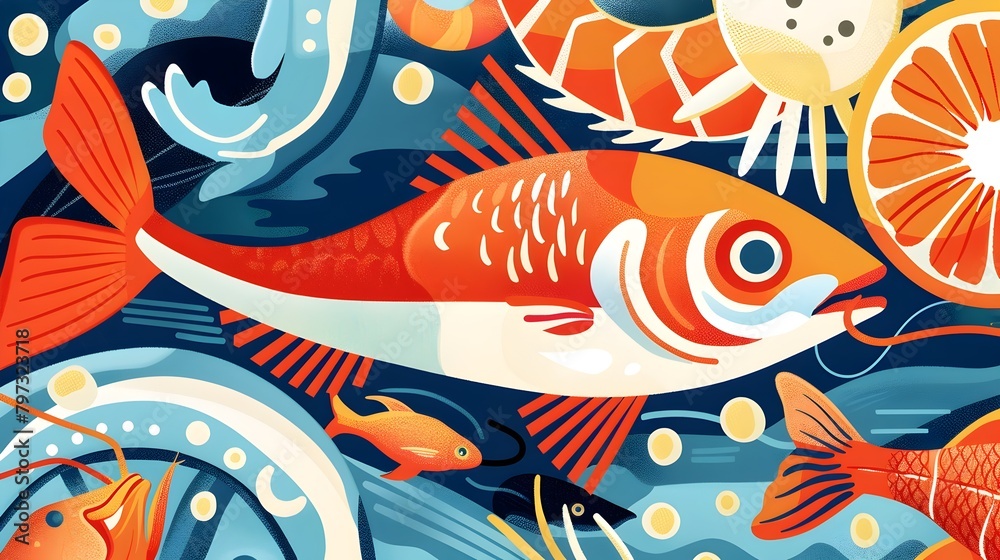 Vibrant Seafood Poster Highlighting Health Benefits of Omega-3,Protein,and Minerals