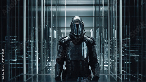 A cyborg with glowing cybernetic eyes, sitting alone in a dimly lit room surrounded by monitors displaying lines of code and ominous security alerts. Generated AI.