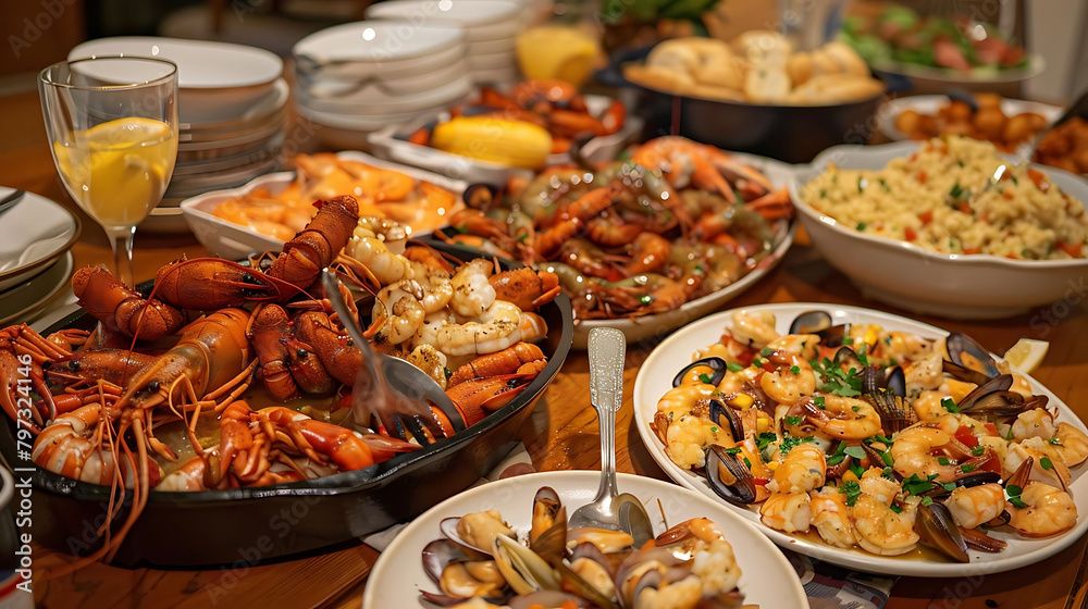seafood boil feast served on white plates and bowls, accompanied by a clear glass and silver spoon,