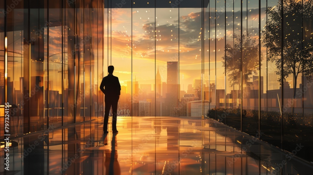 businessman in a modern glass building in front of a skyline. during sunset. hyper realistic 