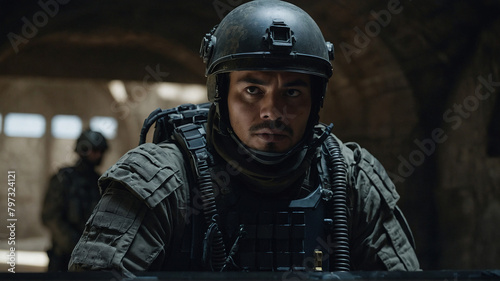 A cyborg mercenary patrolling a desolate urban landscape, armed with advanced cybernetic weaponry and scanning for signs of unauthorized access or intrusion. Generated AI.