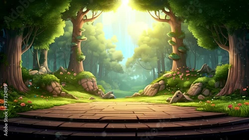 empty stage cartoon background landscape of forest, harmony with trees and sunny days. seamless looping 4K time-lapse virtual video animation background photo