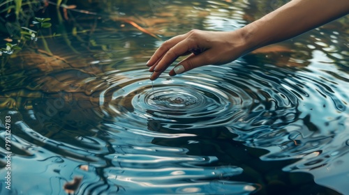 Closeup of a woman's hand touching the lake water, causing ripples. A concepts of cleansing, nature, environment and sustainability hyper realistic  photo
