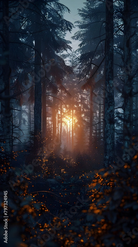 Illuminating Walkway Through an Enchanting Eerie Forest at Dusk