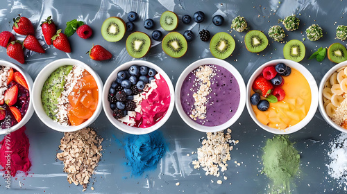 smoothie bowl bar with a variety of fruits and vegetables, including red strawberries, green kiwis, photo