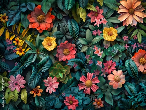 3D floral wallpaper featuring a variety of vibrant flowers and lush leaves, rendered in stunning colors for an immersive background