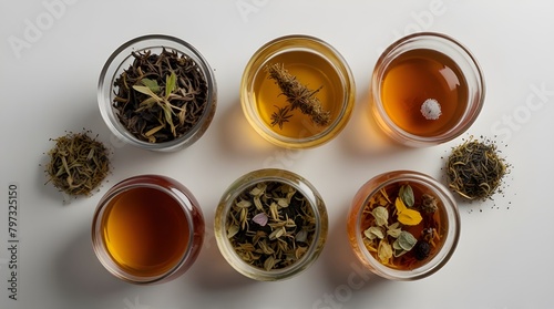 Assorted Herbal Teas in Glass Cups with Loose Ingredients on White Background.generative.ai