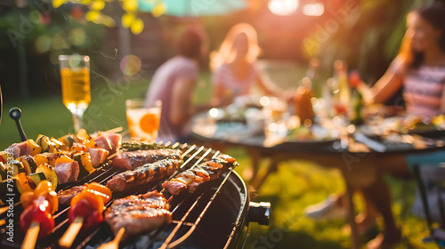 summer bbq cookout with grilled meat and drinks served on a wooden table, accompanied by a clear gl