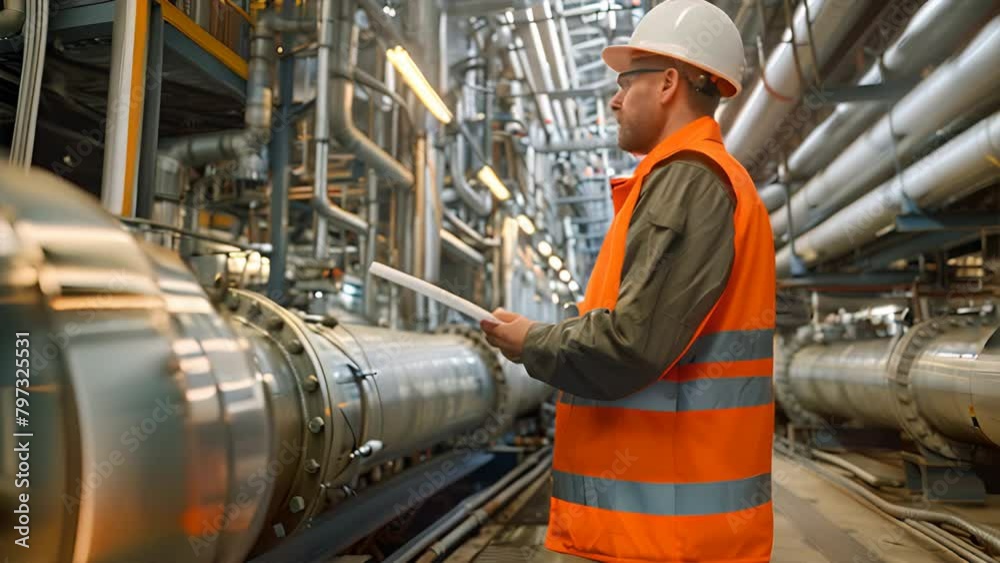 Engineer reviewing plans in an industrial facility Engineer reviewing plans in an industrial facility