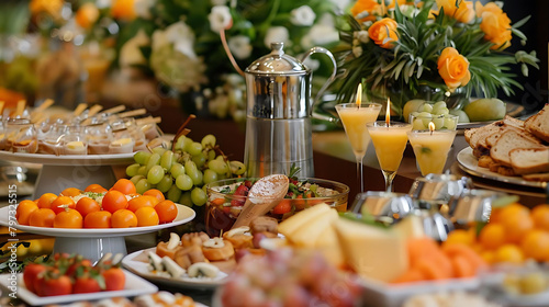 sunday brunch buffet featuring a variety of fresh produce, including green grapes, oranges, and tom photo