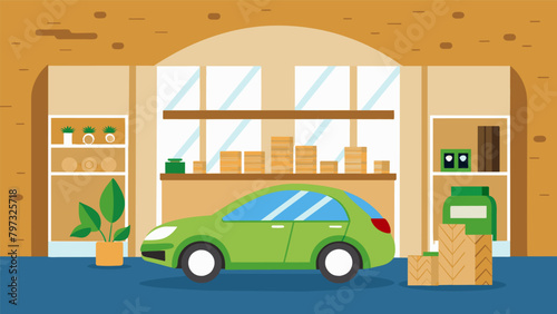 A car showroom displaying an electric car made from recycled aluminum and a hybrid car with interior panels made from renewable materials like