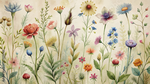 Vintage botanical style wildflower watercolor background © Fauzi Arts