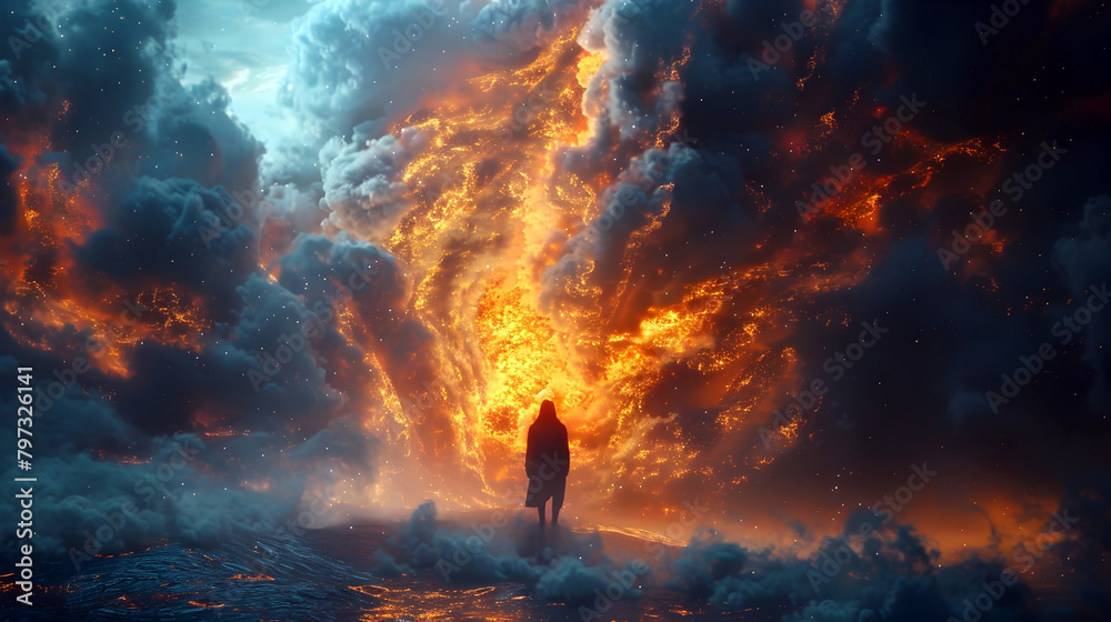 Lone Traveler Faces the Raging Inferno of Impending Doom in the Abyss of Despair Lone Traveler Faces the Raging Inferno of Impending Doom in the Abyss of Despair