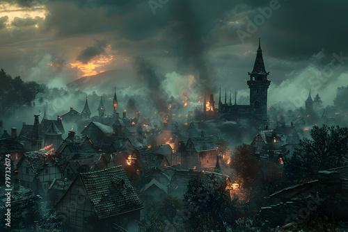 Looming Witchcraft Curse Ravages Medieval Village in Dramatic Supernatural Fantasy Landscape photo