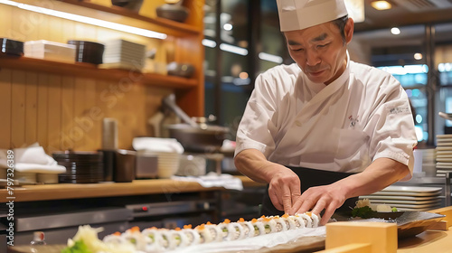 sushi making class in a restaurant kitchen with stacked plates and a white hat on the counter, unde photo