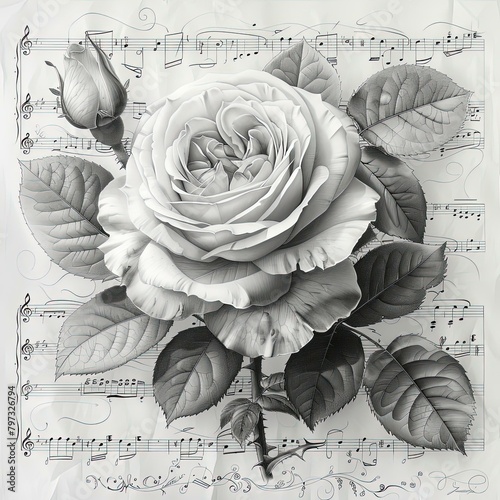 a rose that is sitting on a sheet of music