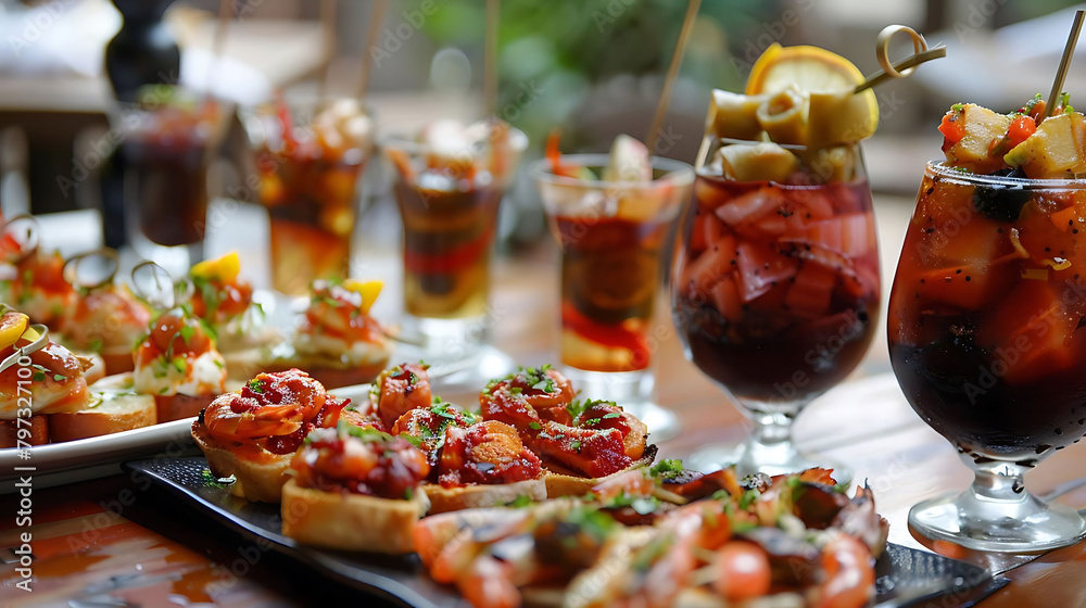 tapas night at a restaurant featuring a variety of drinks in tall glasses, including a clear glass, tapas night at a restaurant featuring a variety of drinks in tall glasses, including a clear glass,